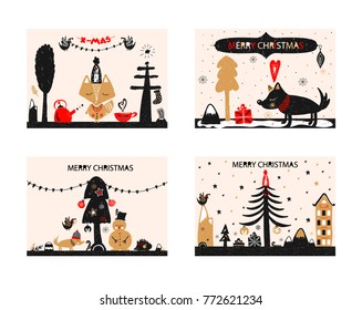 Christmas a festive collection of postcards in hand drawn style. Vector