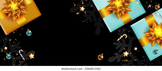 Christmas festive composition with gift boxes, golden bows and tinsel.