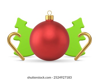 Christmas festive composition for greeting winter holiday 3d icon realistic vector illustration. Xmas Happy New Year luxury decorative elements red ball toy green spruce and golden candy cane