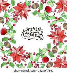 Christmas festive composition. Holiday decoration. Vector set. For postcards, greetings, cards, logo, invitations. Hand drawn design elements with watercolor texture. Poinsettia, mistletoe, holly.