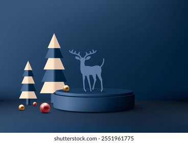 Christmas festive composition with a minimalist blue pedestal, reindeer, and pine tree design. Creative product displays, marketing, and holiday decor