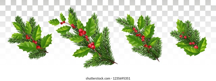 Christmas festive composition with pine branches, holly and red berries.. Holiday image for design banner, ticket, invitation or card, leaflet . Vector. Eps10.