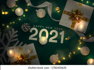 Christmas festive composition with realistic decor objects. Xmas lights garlands, gift box, decorative snowflakes strewn with glitter confetti, burning candles, bokeh lights. view from above. Vector