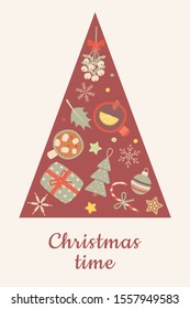 Christmas festive concept: Christmas tree with cups with hot chocolate and spicy tea top view,mistletoe branch,snowflakes and gingerbread.New Year bundle decor design elements. Flat vector set