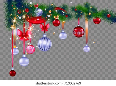 Christmas festive corner on transparent background for design banner, ticket, invitation or card, leaflet and so on. Holiday decorations with spruce tree