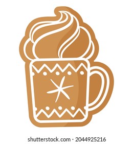 Christmas festive cup of tea or coffee gingerbread cookie covered by white icing. Merry christmas and happy new year concept.