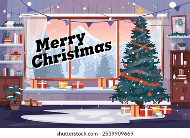 Christmas festive decorated interior, vector illustration. festive decorated interior. Merry christmas and new year holiday celebration party