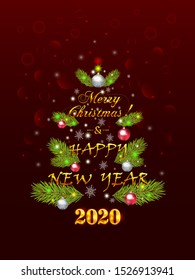 Christmas festive decoration of fir branches, Christmas balls, sparkles, lettering Merry Christmas and sign 2020 on red background. Abstract holiday illustration - vector