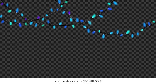 Christmas festive decorations, blue translucent fairy lights, isolated on transparent background. Transparency only in vector file