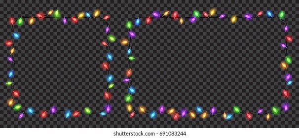 Christmas Festive Decorations, Colored Translucent Fairy Lights Square And Rectangle Shaped. Isolated On Transparent Background. Transparency Only In Vector File