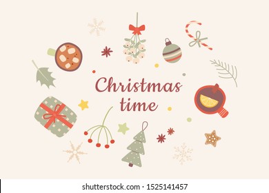 Christmas festive decorations flat vector set. Cups with hot chocolate and spicy tea top view. Winter stickers isolated on light background.New Year decor bundle. Mistletoe branches design elements