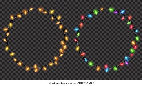 Christmas Festive Decorations, Yellow And Colored Translucent Fairy Lights Ring Shaped. Isolated On Transparent Background. Transparency Only In Vector File