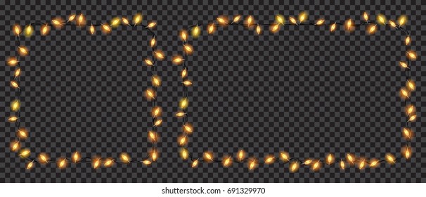 Christmas festive decorations, yellow translucent fairy lights square and rectangle shaped. Isolated on transparent background. Transparency only in vector file