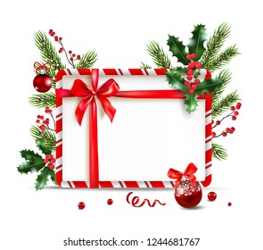 Christmas festive design for banner, ticket, leaflet, card, invitation, poster and so on. Holiday frame with fir tree and festive decorations balls and holly on white background.