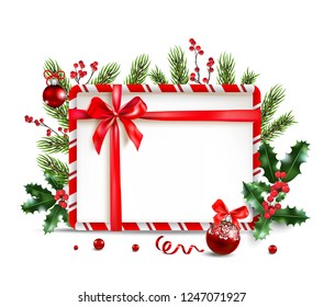 Christmas festive design for banner, ticket, leaflet, card, invitation, poster and so on. Holiday frame with fir tree and festive decorations balls and holly on white background.
