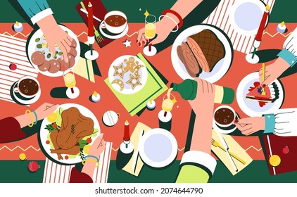 Christmas Festive Dinner With Hands Of People, Decorated Table Top View. Delicious Traditional Holiday Dishes On Plates. Flat Family Celebrating Thanksgiving Day And Eating Delicious Food Together.