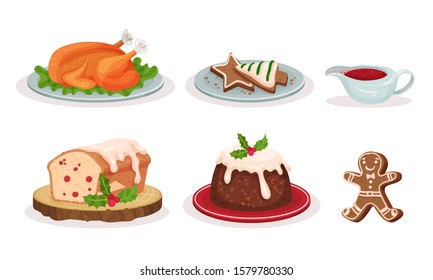 Christmas Festive Dishes and Desserts Set, Traditional Delicious Holiday Meal, Roast Turkey, Gingerbread, Cupcake, Pudding Vector Illustration