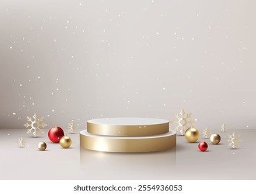 Christmas festive display 3D white and gold podium surrounded by  snowflakes, red and gold ornaments, and a soft snowy background for seasonal product showcases and mockups