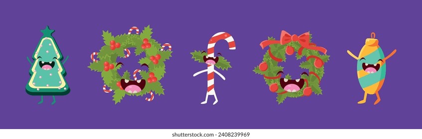 Christmas Festive Elements with Funny Smiling Face Vector Set