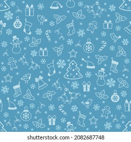 Elementos festivos de Navidad sobre fondo azul. Patrón transparente del vector 