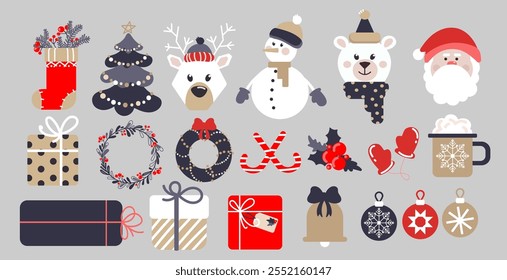 Elementos festivos de Natal set.Xmas e formas minimalistas de decoração de Ano Novo com presentes, animais de inverno, árvore, decorações, elementos acolhedores para design.Ícones de Natal de inverno elementos para o humor festivo.Vetor