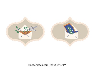 Christmas festive envelopes damask emblems isolated on white background. Vector hand drawn illustration