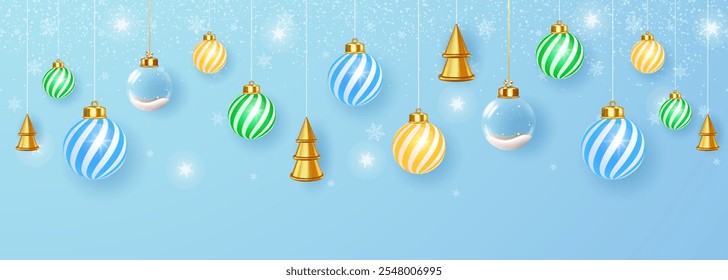 Festivo de Natal com ornamentos, complementado por flocos de neve.