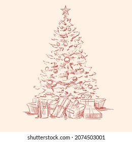 Christmas festive fir tree with gifts sketch hand drawn