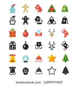 Christmas festive flat icons and silhouette icons isolated on white background
