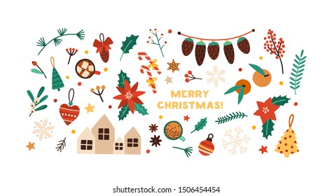 Christmas festive flat vector decorations set. Winter season stickers isolated on white background. New Year and Xmas traditional decor bundle. Fir tree baubles, gingerbread cookies design elements.