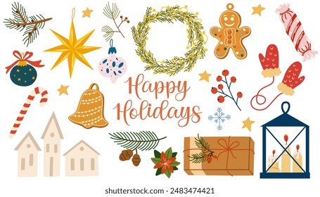 Christmas festive flat vector decorations set. Winter season stickers isolated on white background. New Year and Xmas traditional decor bundle. Fir tree baubles, gingerbread cookies design elements.