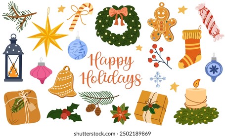 Christmas festive flat vector decorations set. Winter season stickers isolated on white background. New Year and Xmas traditional decor bundle. Fir tree baubles, gingerbread cookies design elements.