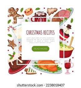 Christmas Festive Food Design with Dishes for Winter Holiday Meal Vector Template