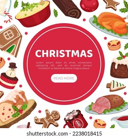 Christmas Festive Food Design with Dishes for Winter Holiday Meal Vector Template