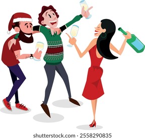 Christmas - A Festive friends or Family gathering. Toasting, cheering and santa hat.