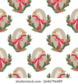 Natal padrão de costura de vetor de gansos festivos. Aves de capoeira desenhadas à mão com grinaldas de ano novo e arcos para embrulhar, têxtil, papel scrapbooking. 
