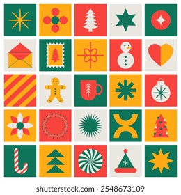 Christmas festive geometric abstract background. Advent calendar. Concept minimal season design. Vector colorful illustration.