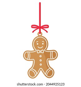 Christmas festive gingerbread Man cookie covered by white icing with red ribbon. Merry christmas and happy new year concept.