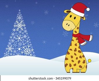 Christmas festive giraffe on winter snowing background with tree made of snowflakes