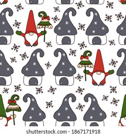 Christmas festive gnomes. Fairy-tale men in red and green clothes surrounded by white houses with gray roofs on a white background. Seamless vector pattern.