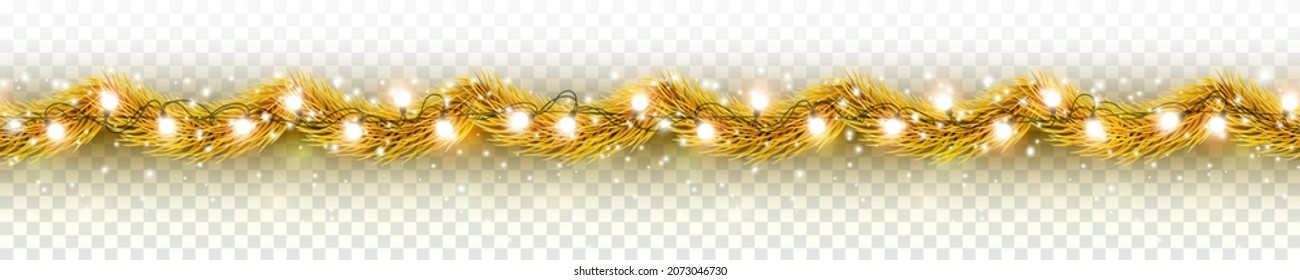 Christmas festive gold decoration with lights isolated on transparent background. Xmas tree golden decor element seamless border. Vector holiday realistic curved foil ribbon template