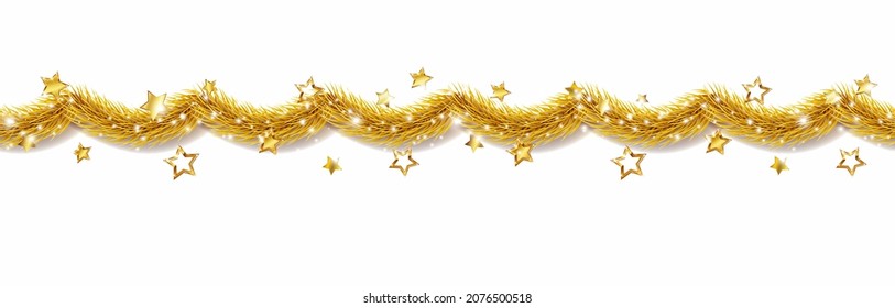 Christmas festive gold garland with stars isolated on white background. Xmas tree golden decor element seamless border. Vector holiday realistic decoration ribbon template