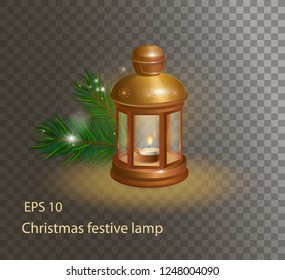 Christmas festive gold lamp  and fir-tree on the isolated transparent background