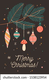Christmas festive greeting card vector template. Fir tree branch with hanging decorative baubles and handwritten lettering. Winter holiday printable poster design. Xmas creative postcard layout.