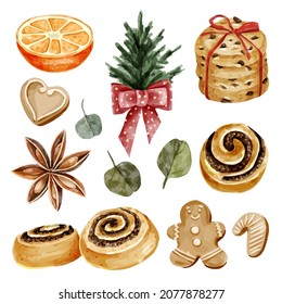Christmas festive handdrawn watercolor element collectionon, holliday attributes on white background