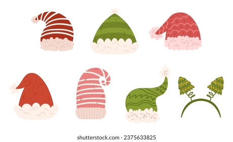 Christmas Festive Hats, Jolly And Bright Merry Elf Headpieces and Headband with Spruces Add Dash Of Holiday Cheer Perfect For Spreading Christmas Joy With Style And Whimsy. Cartoon Vector Illustration