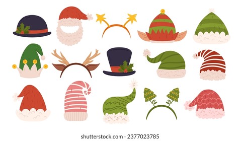 Sombreros navideños, Festividades de ferry Santa Red Cap and Beard, Antlers de renos, Sombrero de Tazón y Tazón, Cabeza de Árbol de elfo y Spruce Tree. Difundir el estilo Alegre con esta colección. Ilustración del vector de dibujos animados