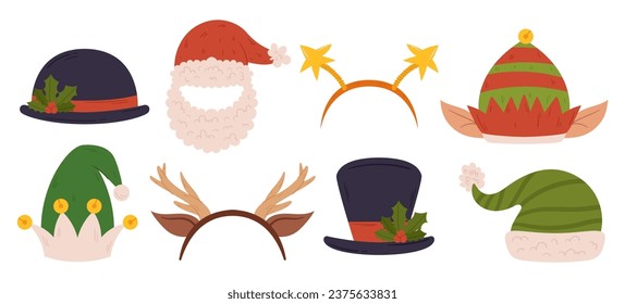 Sombreros festivos de Navidad. Gorra Santa Roja con barba, tazón y ciclón, estrellas, corbatas de reno y sombrero de elfo con orejas para las celebraciones y la alegría de las fiestas. Jolly, Sombreros Coloridos. Ilustración del vector de dibujos animados