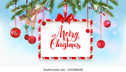 Christmas Festive holiday banner. Winter template with fir tree and decorations. Seasonal design for banner, poster, leaflet and so on.