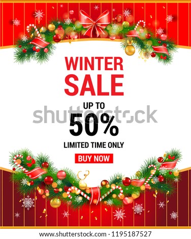 Christmas Festive holiday template. Winter sale off template with fir tree and decorations. Seasonal advertising for banner, poster, leaflet and so on.